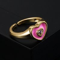 Fashion Copper Gold-plated Micro-inlaid Zircon Drop Oil Heart-shaped Ring Simple Open Ring Accessories main image 4