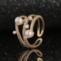 New Fashion Hand Jewelry Geometric Multilayer Pearl Ring Copper Plated Gold Inlaid Zircon Ring main image 1