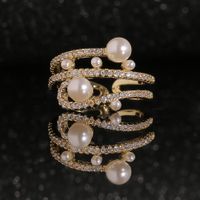 New Fashion Hand Jewelry Geometric Multilayer Pearl Ring Copper Plated Gold Inlaid Zircon Ring main image 3