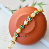 Retro Imitation Natural Jade Lotus Enamel Thick Frosted Copper Bracelet main image 3