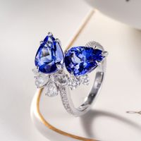 New Double Diamond Tanzanite Blue Drop Pear-shaped Ring Simulation Sapphire Copper Open Ring main image 1