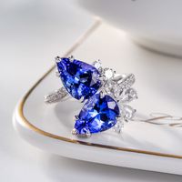 New Double Diamond Tanzanite Blue Drop Pear-shaped Ring Simulation Sapphire Copper Open Ring main image 3