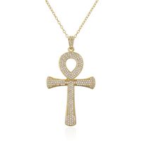 Retro Fashion Anka Cross Pendant Copper Plated Real Gold Zircon Necklace Religious Jewelry sku image 1