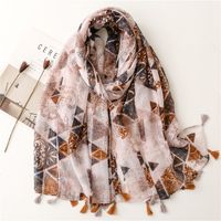 Yarn Cotton Linen Scarf Caramel Contrast Color Carving Floral Tassel Scarf Shawl sku image 1