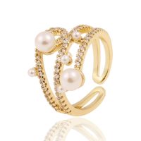 New Fashion Hand Jewelry Geometric Multilayer Pearl Ring Copper Plated Gold Inlaid Zircon Ring sku image 1