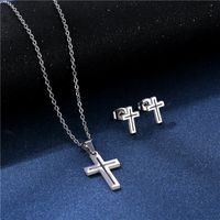Simple Fashion Titanium Steel Hollow Cross Earrings Necklace Set main image 3