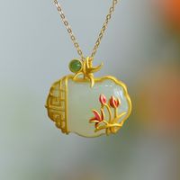 Vintage Necklace Chinese Style Ancient Gold Inlaid Hetian Magnolia Flower Ruyi Lock Pendant main image 1