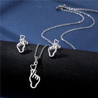 Simple Fashion Hollow Gesture Heart-shaped Stainless Steel Clavicle Chain Earrings Set sku image 1