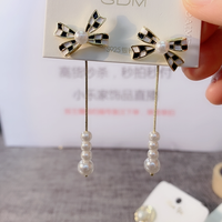 Fashion Bow Shaped Polka Dot Long Tassel Pearl Alloy Drop Earrings main image 3