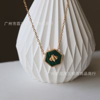 Little Bee Hexagon Green Stripe Retro Black Titanium Steel 18k Gold Plated Necklace sku image 2