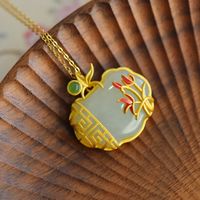 Vintage Necklace Chinese Style Ancient Gold Inlaid Hetian Magnolia Flower Ruyi Lock Pendant sku image 1