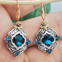 Retro Blue Crystal European Engraved Earrings Drop Earring sku image 1