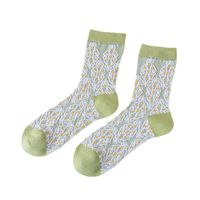 Fashion Socks Female Green Medium Tube Vertical Strips Small Flower Combed Cotton Socks main image 6