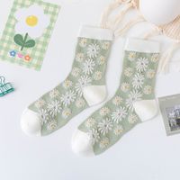 Fashion Socks Female Green Medium Tube Vertical Strips Small Flower Combed Cotton Socks sku image 1