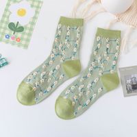 Fashion Socks Female Green Medium Tube Vertical Strips Small Flower Combed Cotton Socks sku image 2