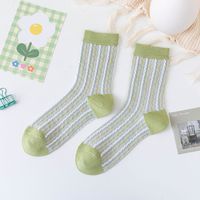 Fashion Socks Female Green Medium Tube Vertical Strips Small Flower Combed Cotton Socks sku image 3