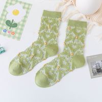 Fashion Socks Female Green Medium Tube Vertical Strips Small Flower Combed Cotton Socks sku image 4