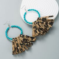Boho Exaggerated Turquoise Leather Tassel Earrings sku image 1