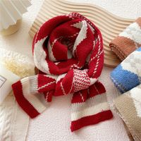 Short Clashing Color Lattice Knitted Wool Warm Small Scarf main image 3