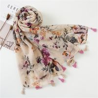 Pink Elegant Floral Print Silk Scarf Fringed Cotton And Linen Scarf main image 5