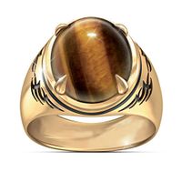 Plated 24k Gold Natural Real Tiger's Eye Ring Etched Tribal Tattoo Style Men's Ring main image 3