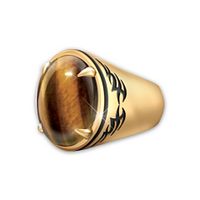Plated 24k Gold Natural Real Tiger's Eye Ring Etched Tribal Tattoo Style Men's Ring main image 6