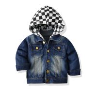 New Children's Denim Checkerboard Hooded Blue Cotton Denim Long-sleeved Jacket sku image 1