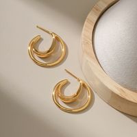 European And American C-shaped Smooth Circle Copper Plated 18k Real Gold Geometric Earrings main image 3