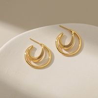 European And American C-shaped Smooth Circle Copper Plated 18k Real Gold Geometric Earrings main image 4