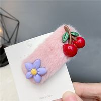 Winter Cute Furry Bb Clip Cherry Flower Color Matching Bow Hairpin sku image 4