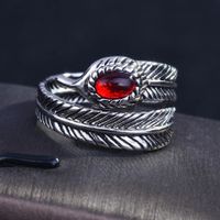 Red Diamond Plated S925 Sterling Silver Feather Ring Men And Women Open Ring main image 2