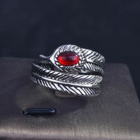 Red Diamond Plated S925 Sterling Silver Feather Ring Men And Women Open Ring main image 3