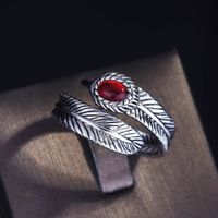 Red Diamond Plated S925 Sterling Silver Feather Ring Men And Women Open Ring main image 4