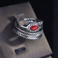 Red Diamond Plated S925 Sterling Silver Feather Ring Men And Women Open Ring main image 5