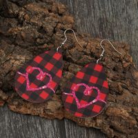 Valentine's Day Series Drop-shaped Red Lattice Leather Heart Earrings Wholesale main image 3