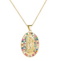 Oval Virgin Statue Pendant Necklace Copper Gold-plated Inlaid Colorful Zircon Necklace Accessories sku image 1