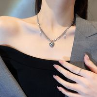 Fashion Checkerboard Heart Pendent Necklace Female Simple Titanium Steel Sweater Chain main image 6