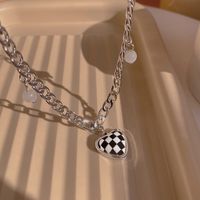 Fashion Checkerboard Heart Pendent Necklace Female Simple Titanium Steel Sweater Chain sku image 5