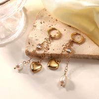 European And American Stainless Steel 14k Gold Long Tassel Heart Pearl Zircon Pendant Earrings main image 1