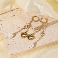 European And American Stainless Steel 14k Gold Long Tassel Heart Pearl Zircon Pendant Earrings main image 3