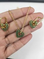 Heart Shape Earrings Necklace Set Copper Plated 18k Gold Love Green Zirconium Earrings Temperament Clavicle Chain main image 3