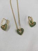 Heart Shape Earrings Necklace Set Copper Plated 18k Gold Love Green Zirconium Earrings Temperament Clavicle Chain main image 4
