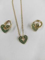 Heart Shape Earrings Necklace Set Copper Plated 18k Gold Love Green Zirconium Earrings Temperament Clavicle Chain sku image 1