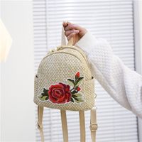 Fashion Seaside Holiday Embroidered Floral Straw Backpack sku image 2