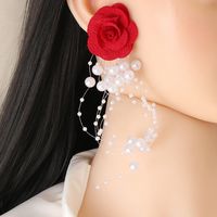 Fashion Chiffon Cloth Lace Flower Pearl Tassel Multilayer Earrings main image 3
