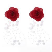 Fashion Chiffon Cloth Lace Flower Pearl Tassel Multilayer Earrings sku image 1