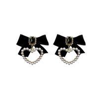 Fashion Black Pearl Diamond Velvet Bow Earrings main image 6