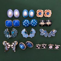 Blue Oval Silver Needle Stud Earrings main image 2