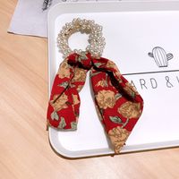 Korean Floral Bow Ribbon Pearl Hair Scrunchies sku image 6