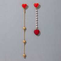 Korea Sweet Peach Heart Pearl Tassel Asymmetric Earrings main image 5